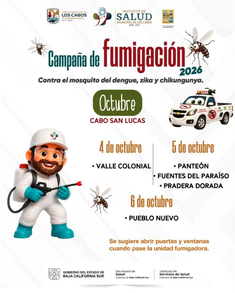 Dengue mosquito fogging unit driving through Cabo San Lucas streets