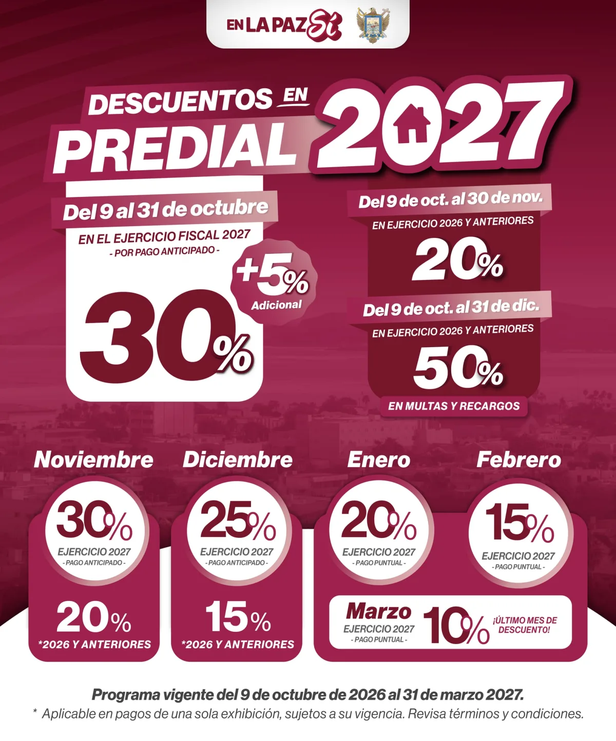 Boletín del Ayuntamiento de La Paz sobre descuentos en el predial 2027