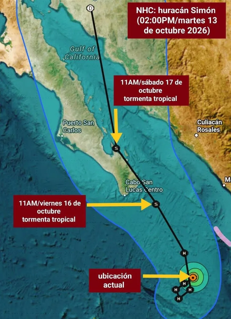 Forecast map of Hurricane Simon in the Mexican Pacific