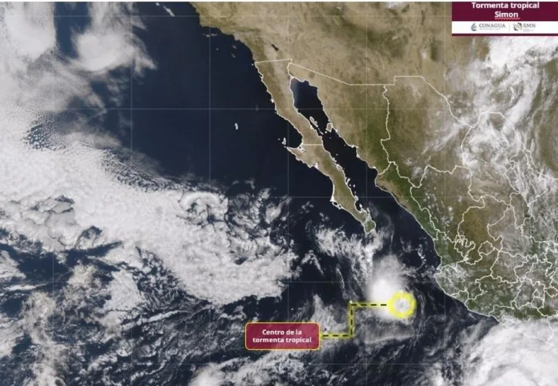 Tracking of Tropical Storm Simon south-southeast of Cabo San Lucas