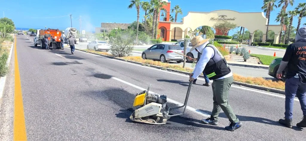 Municipal crew patching potholes on the Transpeninsular highway in Los Cabos