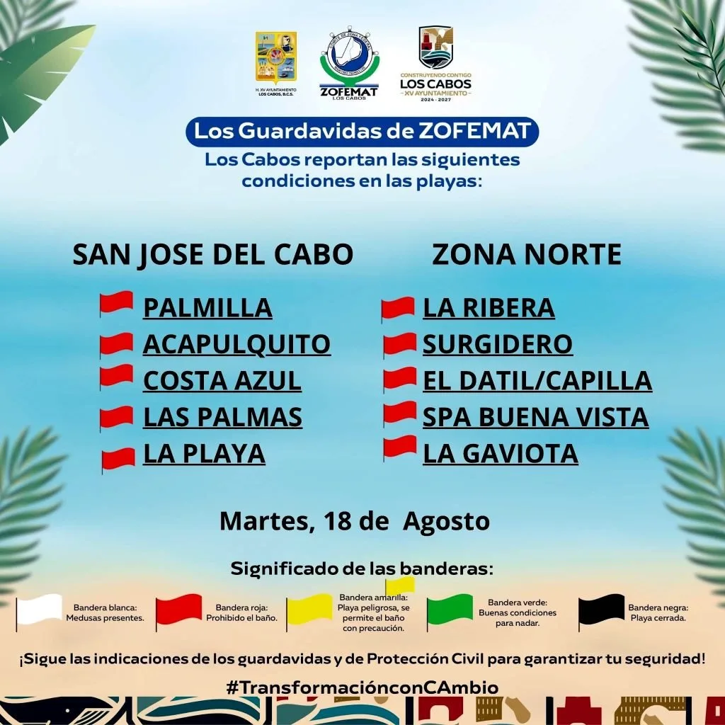 Bandera roja colocada en una playa de Los Cabos por las condiciones del mar