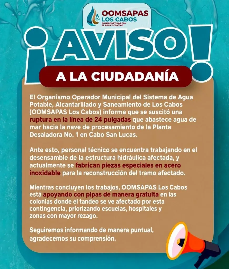 Cuadrilla de OOMSAPAS repara la línea de agua de mar de la Planta Desaladora 1 en Cabo San Lucas